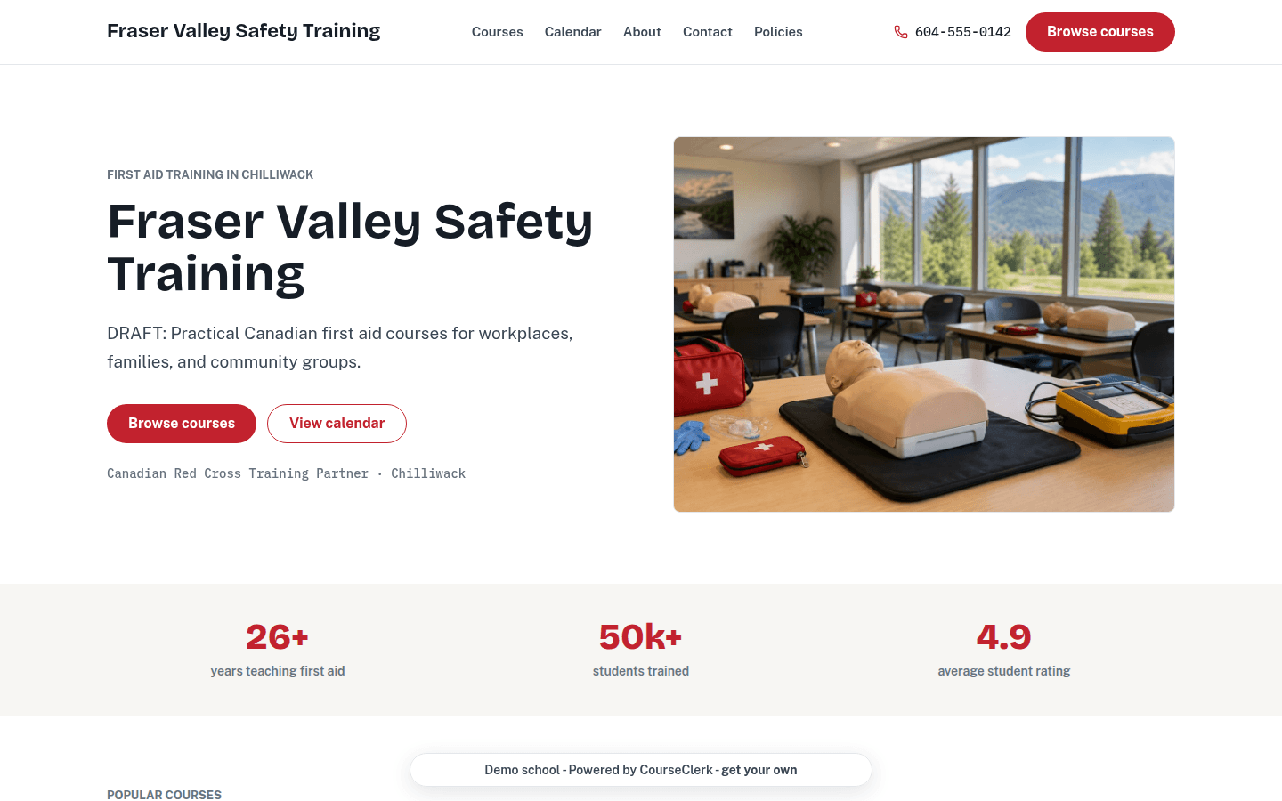 Fraser Valley Safety Training demo school homepage